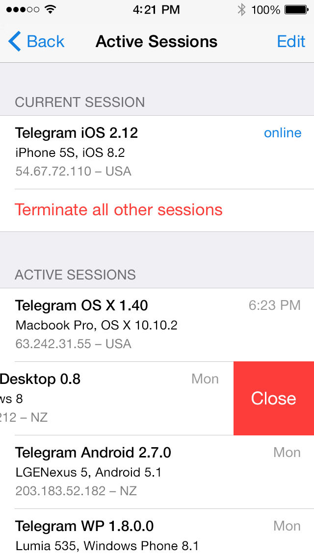 Почему не могу завершить другие активные сеансы Telegram ?